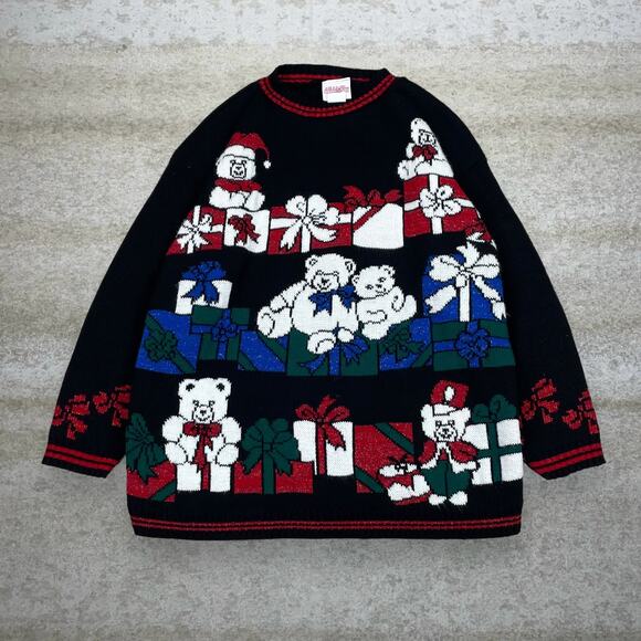 Vintage Chrismas Bears Sweater Jet Black Pullover Made in USA 90s - Picture 1 of 3